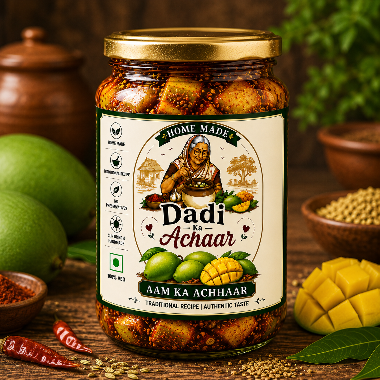 Dadi Ka Achaar | Aam Ka Achaar | Traditional Homemade Mango Pickle | Authentic Indian Mango Achaar Made with Mustard Oil & Natural Spices | 500ml Glass Jar
