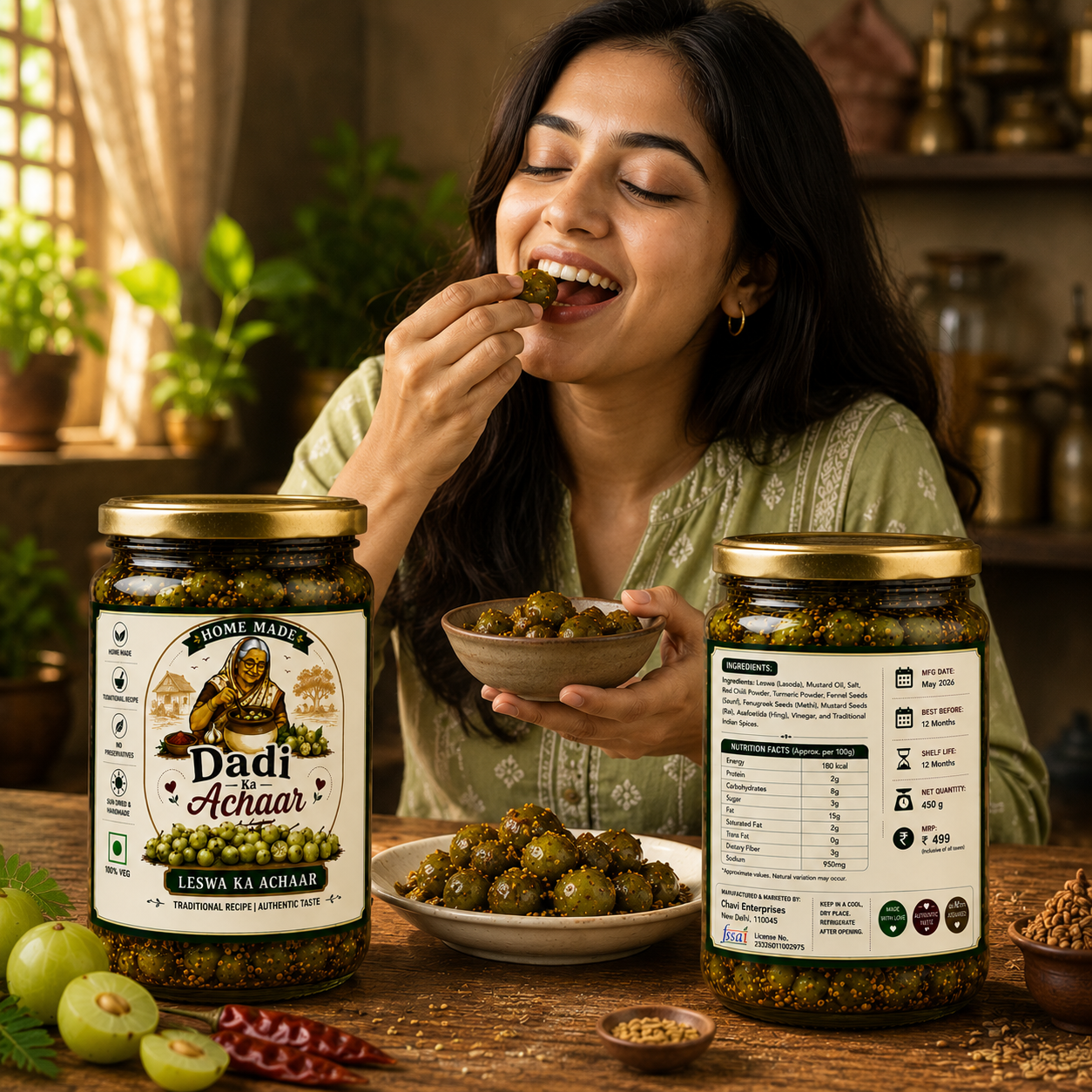 Dadi Ka Achaar | Leswa Ka Achaar | Lasode Ka Achaar |  Traditional Homemade Indian Pickle | Authentic Spicy Leswa Pickle Made with Mustard Oil & Natural Spices | 500ml Glass Jar