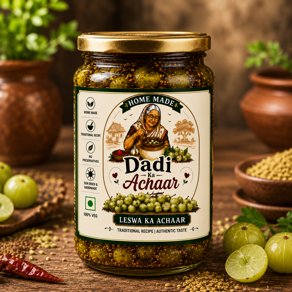 Dadi Ka Achaar | Leswa Ka Achaar | Lasode Ka Achaar |  Traditional Homemade Indian Pickle | Authentic Spicy Leswa Pickle Made with Mustard Oil & Natural Spices | 500ml Glass Jar