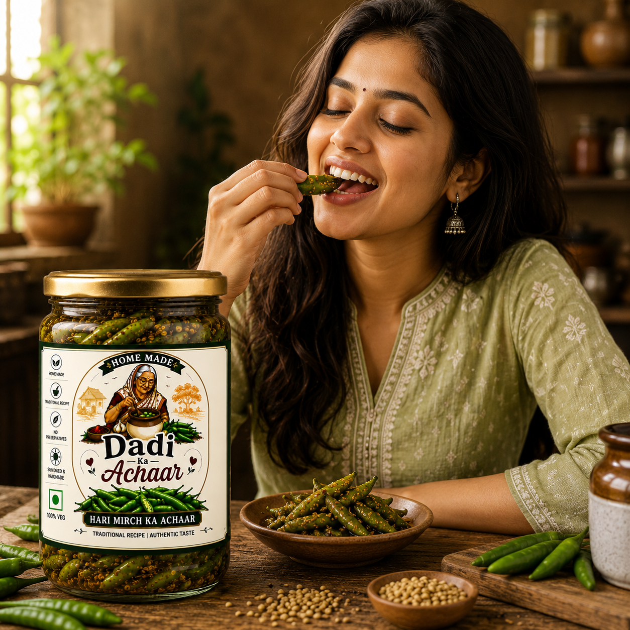 Dadi Ka Achaar | Mirch Ka Achaar | Traditional Homemade Green Chilli Pickle | Authentic Indian Spicy Achaar Made with Mustard Oil & Natural Spices | 500ml Glass Jar