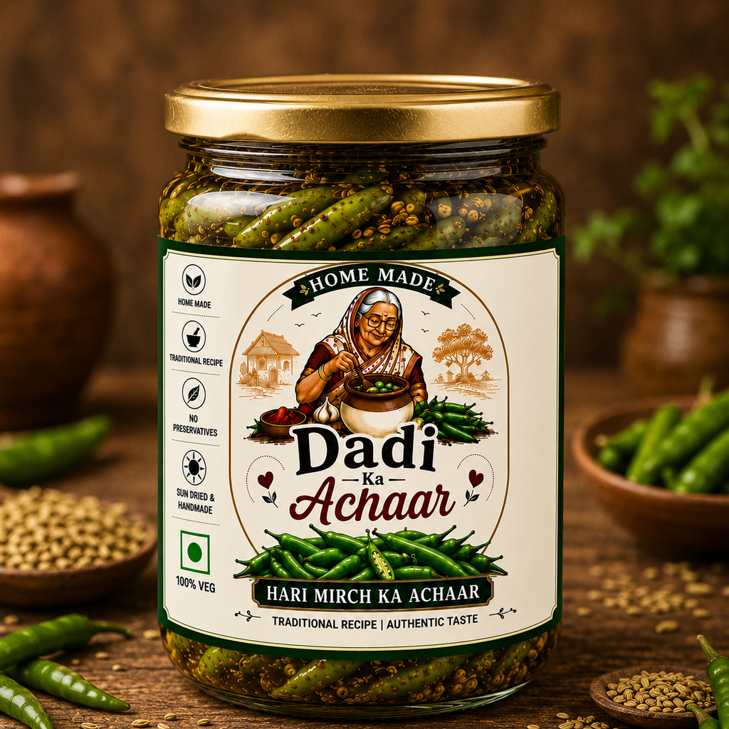 Dadi Ka Achaar | Mirch Ka Achaar | Traditional Homemade Green Chilli Pickle | Authentic Indian Spicy Achaar Made with Mustard Oil & Natural Spices | 500ml Glass Jar
