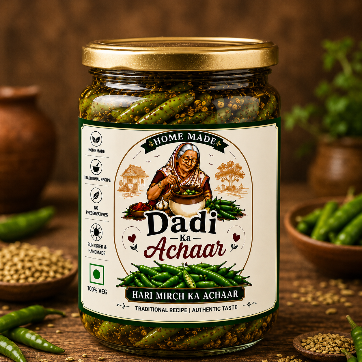 Dadi Ka Achaar | Mirch Ka Achaar | Traditional Homemade Green Chilli Pickle | Authentic Indian Spicy Achaar Made with Mustard Oil & Natural Spices | 500ml Glass Jar