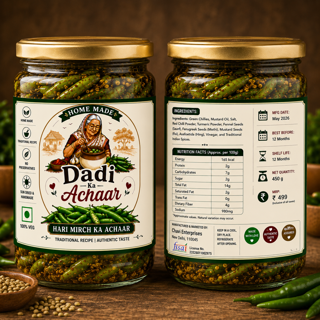 Dadi Ka Achaar | Mirch Ka Achaar | Traditional Homemade Green Chilli Pickle | Authentic Indian Spicy Achaar Made with Mustard Oil & Natural Spices | 500ml Glass Jar