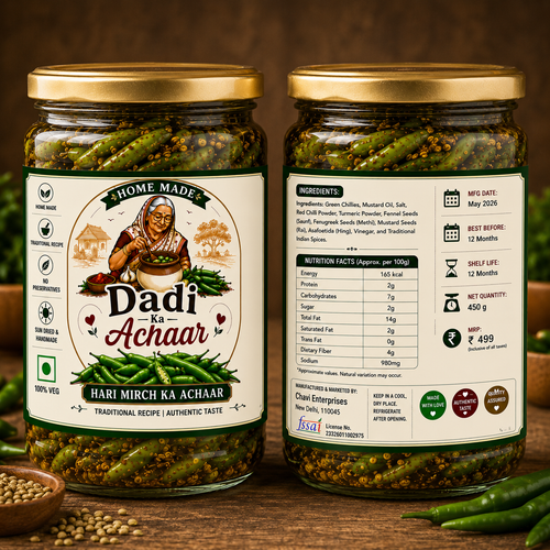 Dadi Ka Achaar | Mirch Ka Achaar | Traditional Homemade Green Chilli Pickle | Authentic Indian Spicy Achaar Made with Mustard Oil & Natural Spices | 500ml Glass Jar